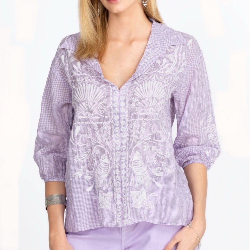 Johnny Was Workshop Orla Wander Purple/White Embroidered BLOUSE Bohemian Sz M
